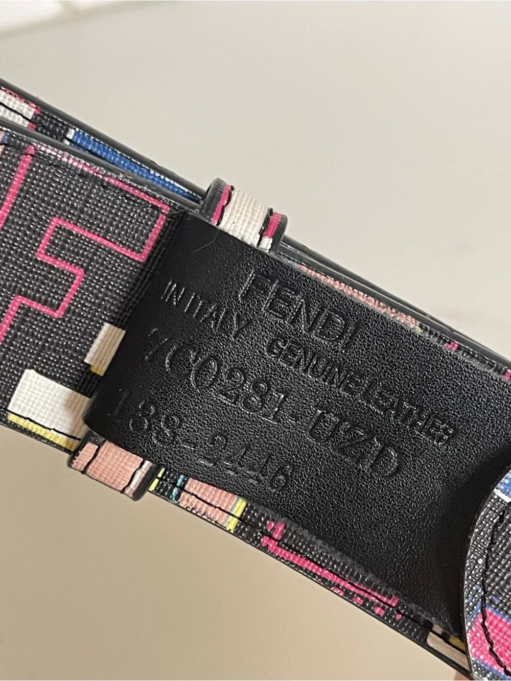 Fendi Black Leather Belt with Multicolor FF Logo and Silver Double F Buckle